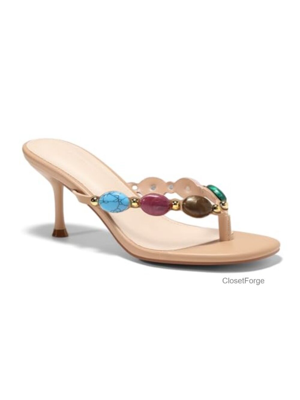 Coutgo Women's Jeweled Heeled Thong Sandals Faux Leather Stiletto 2.85"